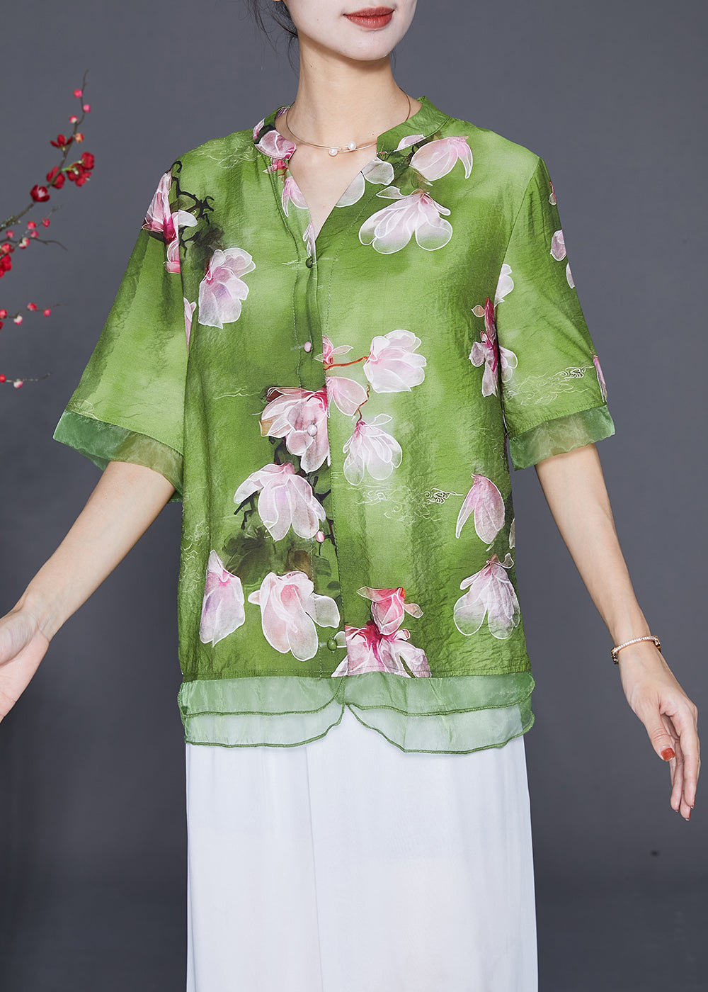 Italian Green Floral Patchwork Organza Linen Silk Shirt Top Half Sleeve