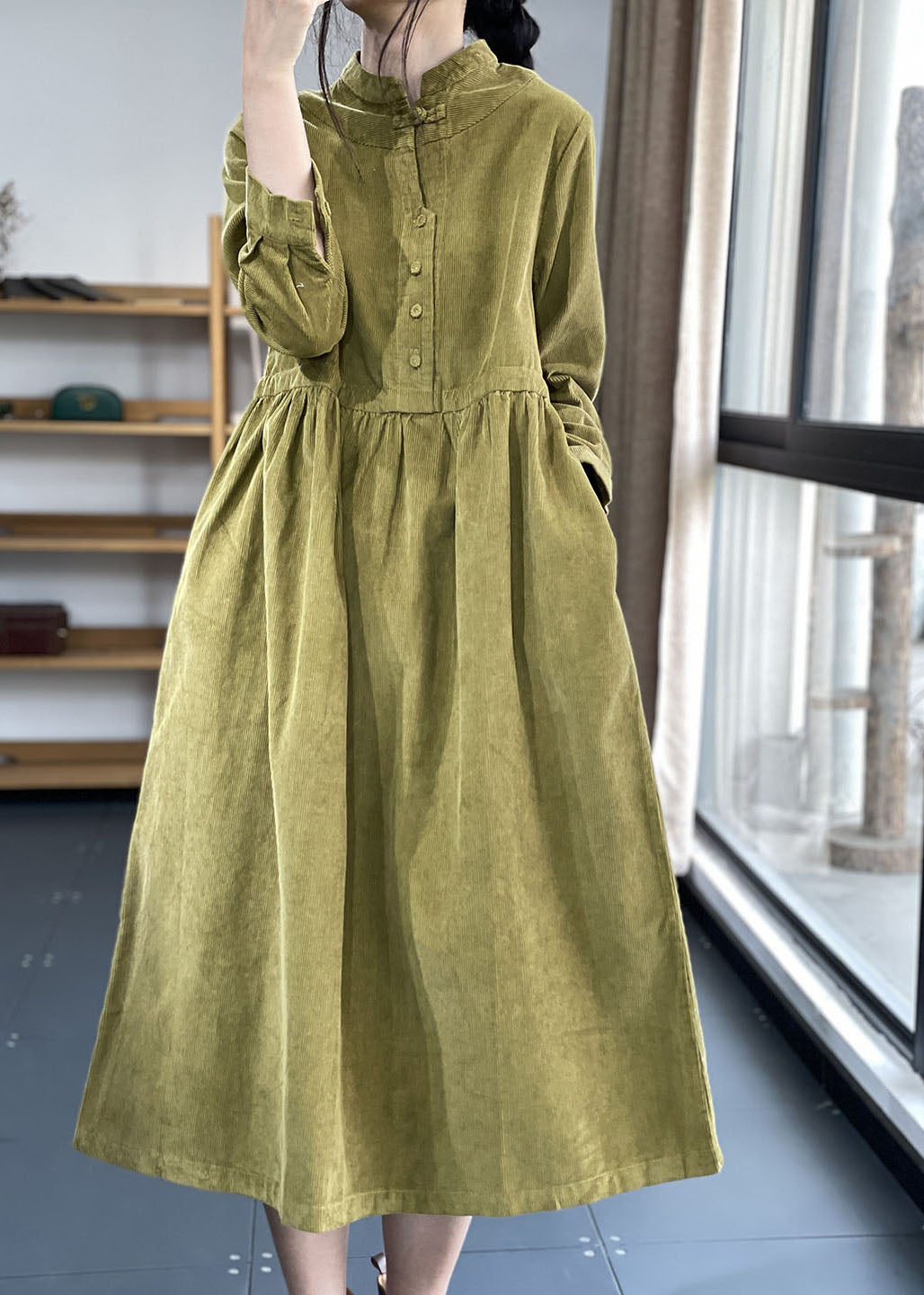 Italian Green Stand Collar Patchwork Corduroy Dress Winter