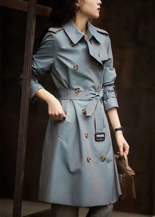 Italian Grey Blue Button Tie Waist Pockets Cotton Trench Coat Fall