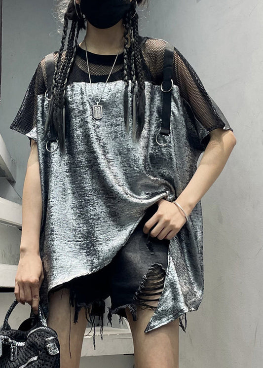 Italian Grey O-Neck Asymmetrical Top Short Sleeve