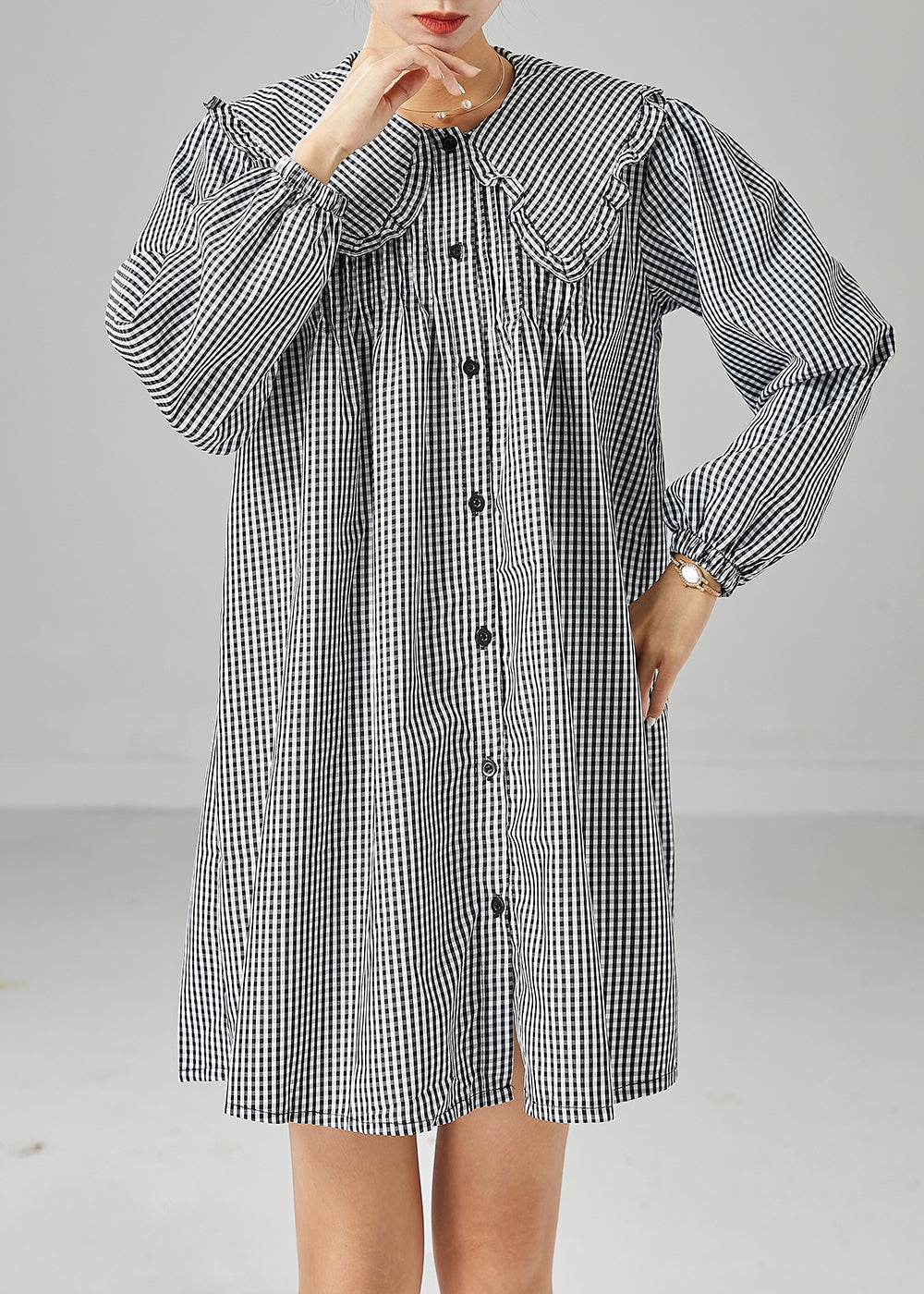 Italian Grey Peter Pan Collar Plaid Cotton Shirt Dress Fall