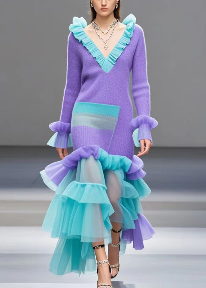 Italian Lavender Ruffled Patchwork Tulle Knitwear Dress Winter