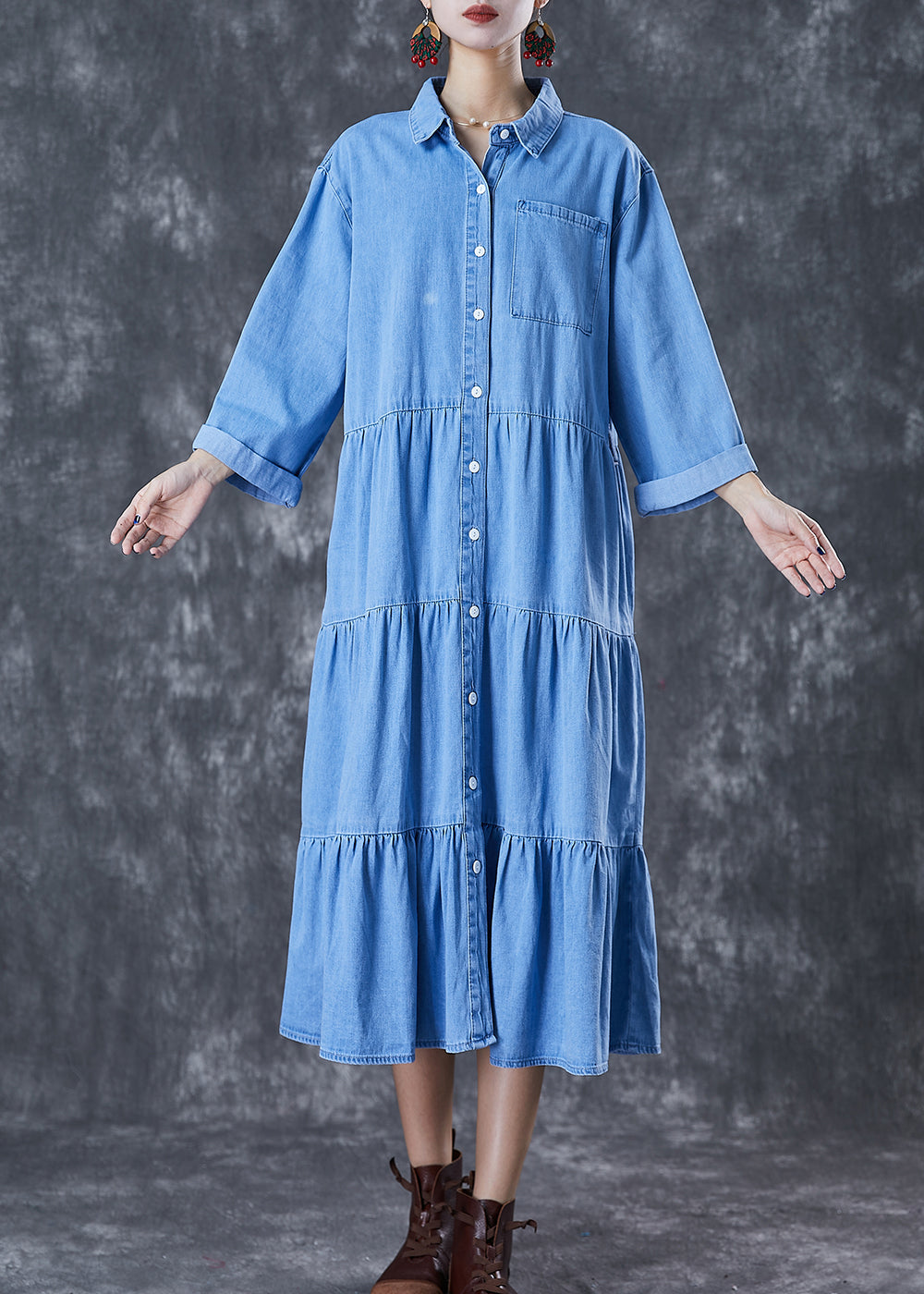 Italian Light Blue Oversized Patchwork Ruffles Cotton Long Dress Fall