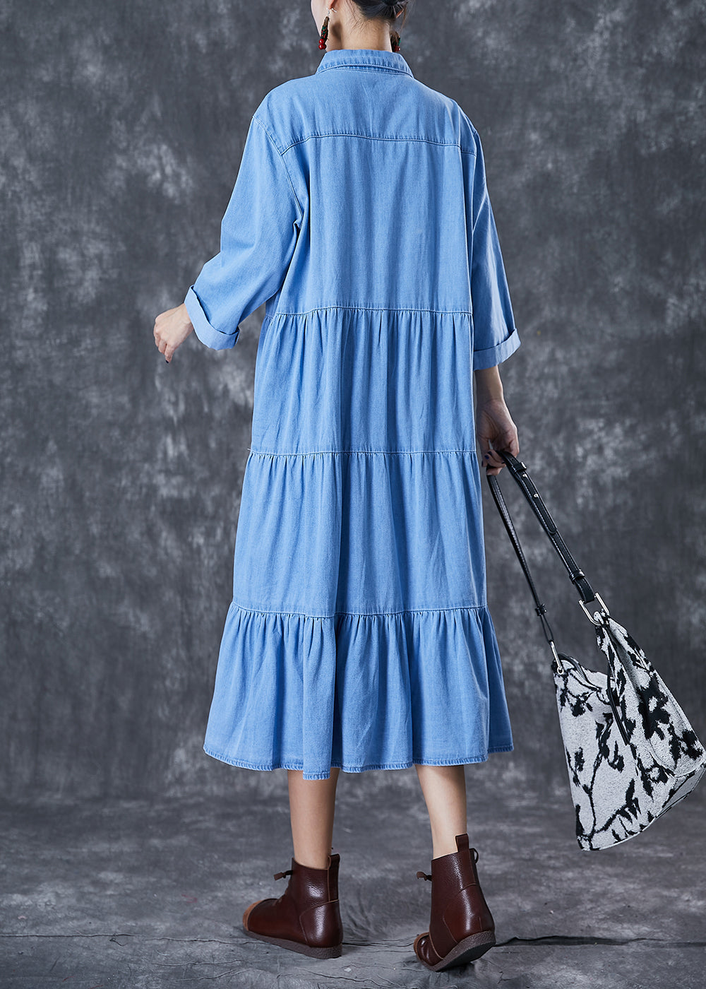 Italian Light Blue Oversized Patchwork Ruffles Cotton Long Dress Fall