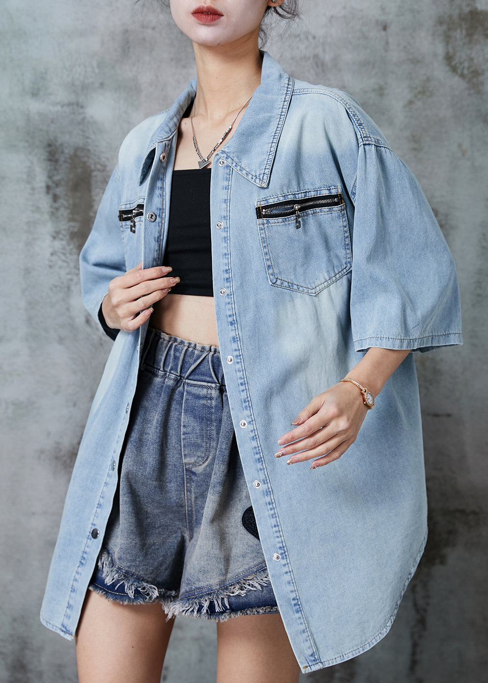 Italian Light Blue Zip Up Denim Loose Shirt Tops Summer