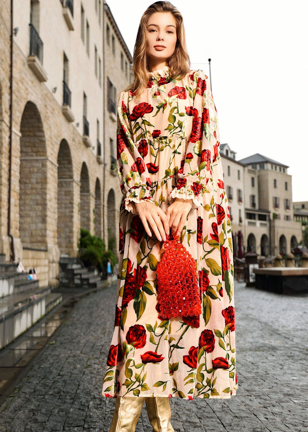 Italian Light Yellow Turtleneck Print Wrinkled Silk Velour Maxi Dress Long Sleeve