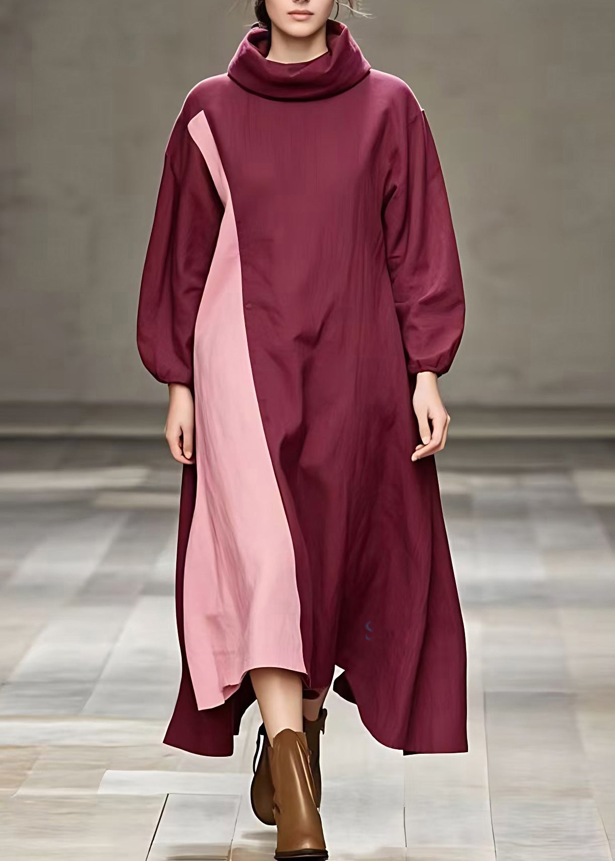 Italian Mulberry Turtleneck Patchwork Maxi Dresses Fall