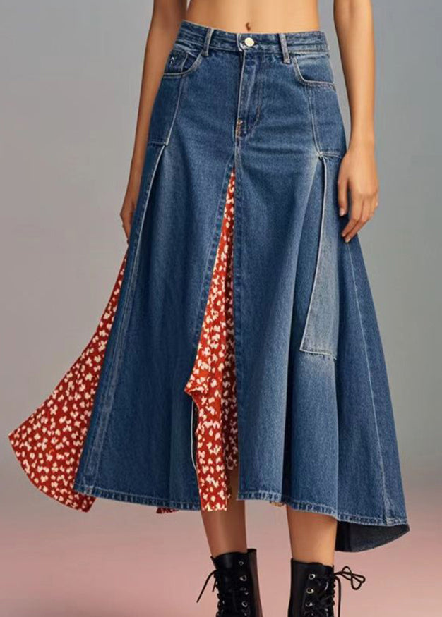 Italian Navy Asymmetrical Patchwork Print Denim Skirts Spring