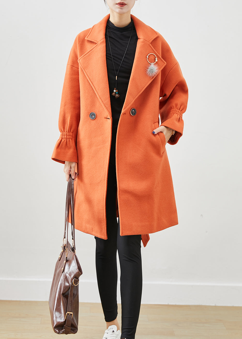 Italian Orange Oversized Give Pendant Woolen Trench Fall