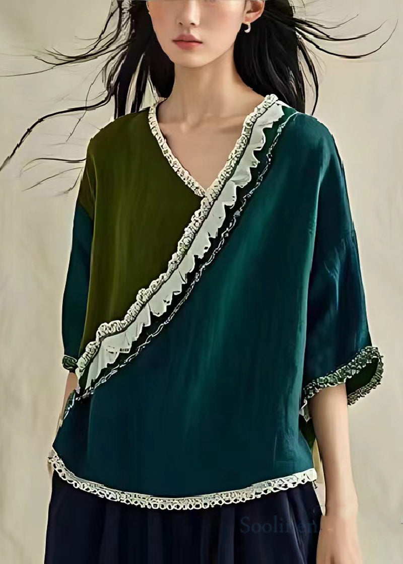 Italian Peacock Green Asymmetrical Patchwork Linen Blouse Top Summer