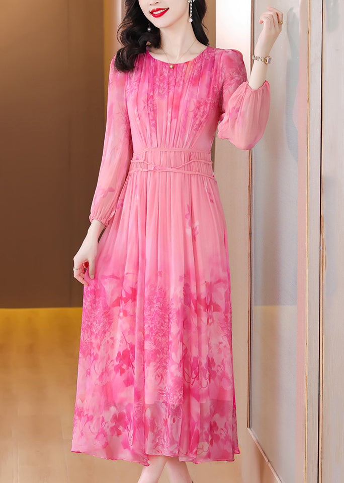 Italian Pink Print Tie Waist Chiffon Long Dress Long Sleeve