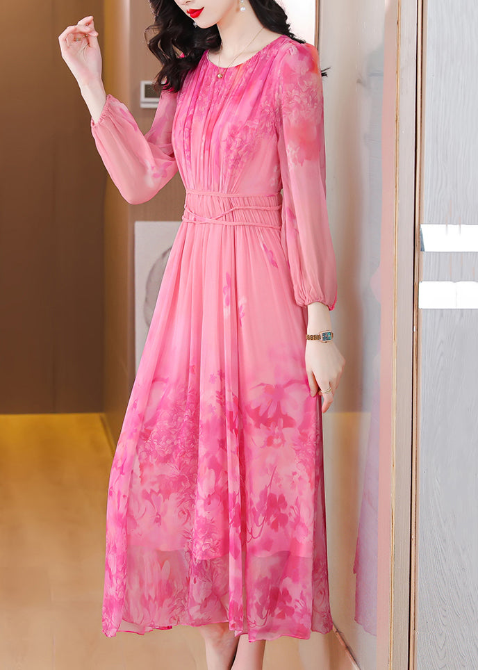 Italian Pink Print Tie Waist Chiffon Long Dress Long Sleeve