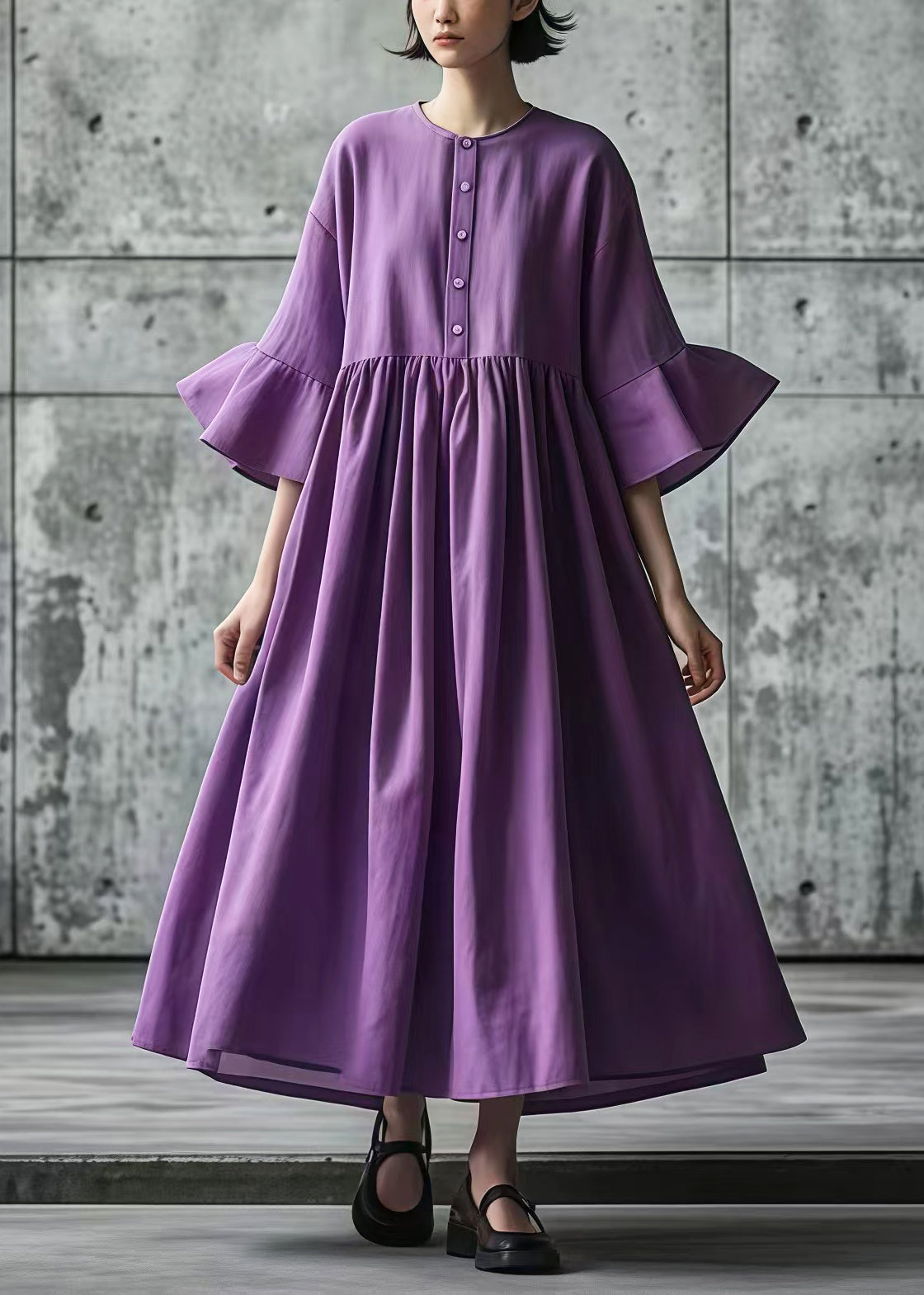 Italian Purple Oversized Exra Large Hem Cotton Long Dress Flare Sleeve