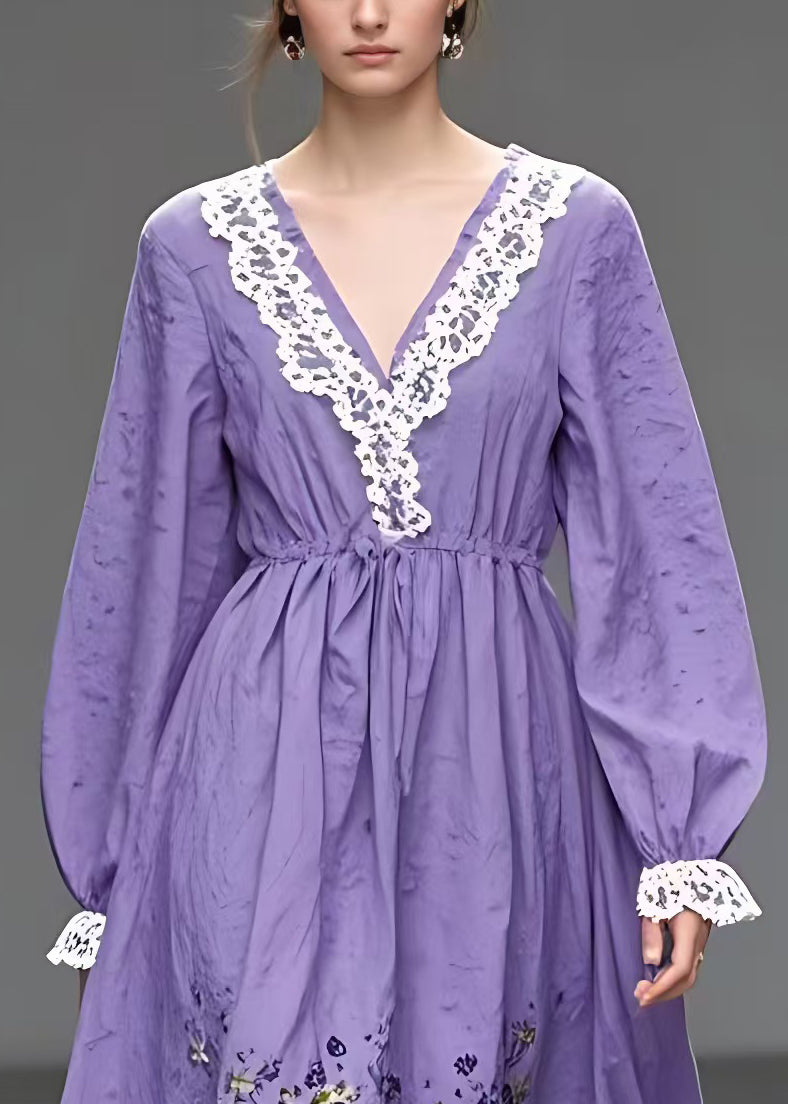 Italian Purple V Neck Print High Waist Cotton Dress Long Sleeve