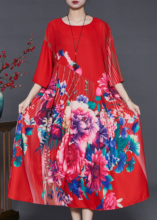 Italian Red Oversized Floral Silk Dresses Summer