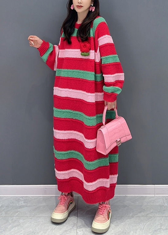 Italian Red Striped O Neck Patchwork Cotton Knit Dresses Fall