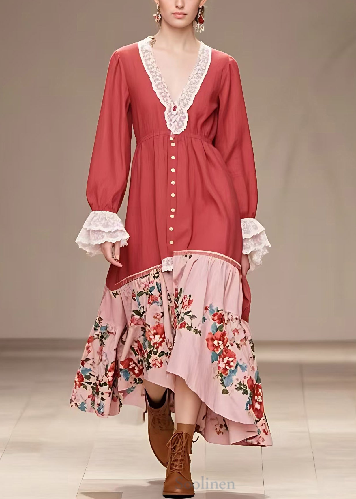 Italian Red V Neck Print Patchwork Cotton Long Dresses Butterfly Sleeve