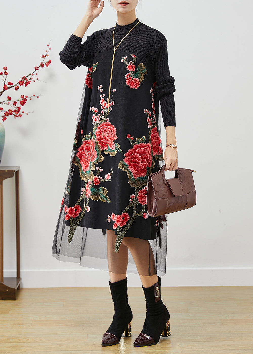 Italian Rose Embroidered Patchwork Knit Long Dress Fall