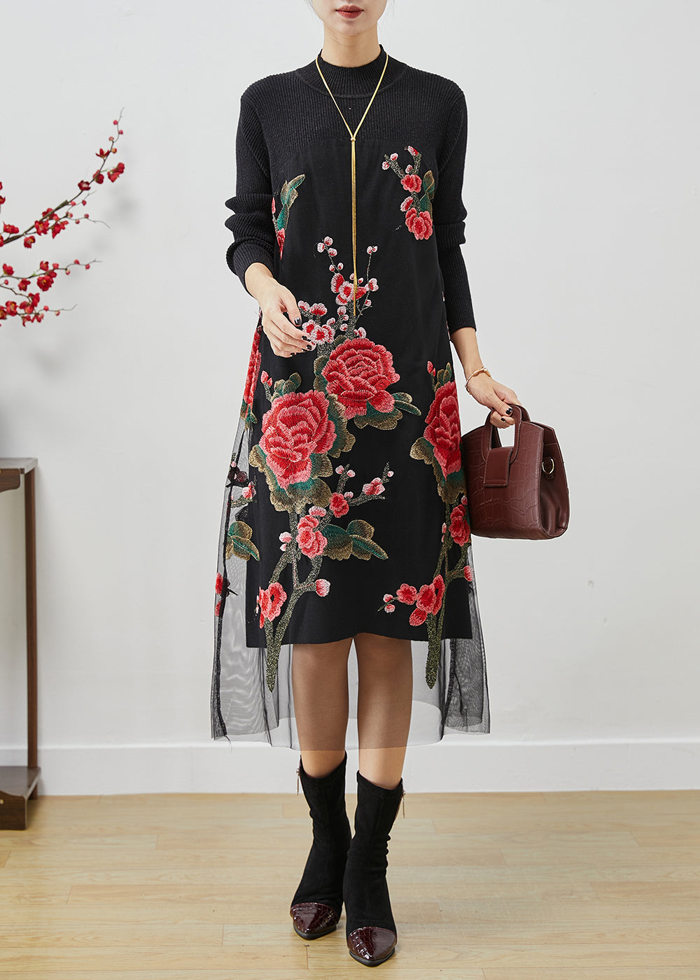 Italian Rose Embroidered Patchwork Knit Long Dress Fall