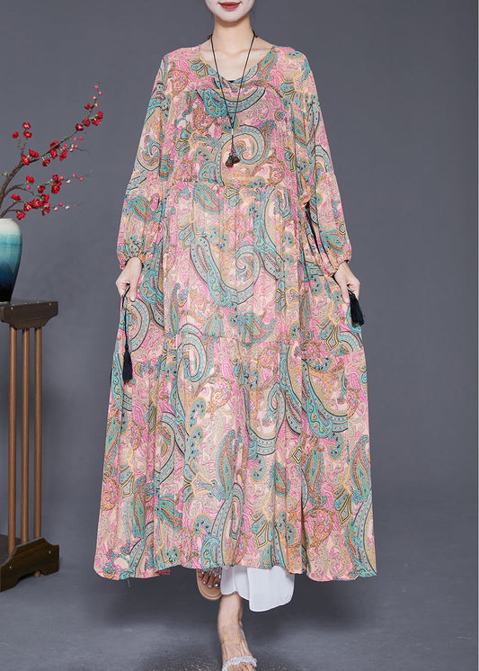 Italian Rose Green Cinched Print Chiffon Long Dresses Fall