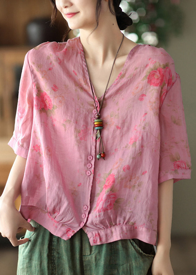 Italian Pink flowers V Neck Print Button Linen Top Half Sleeve