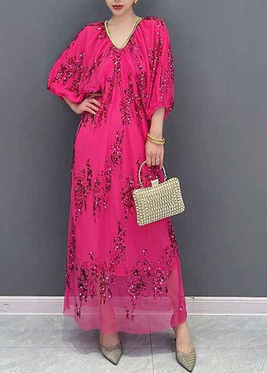 Italian Rose V Neck Sequins Tulle Long Dresses Bracelet Sleeve