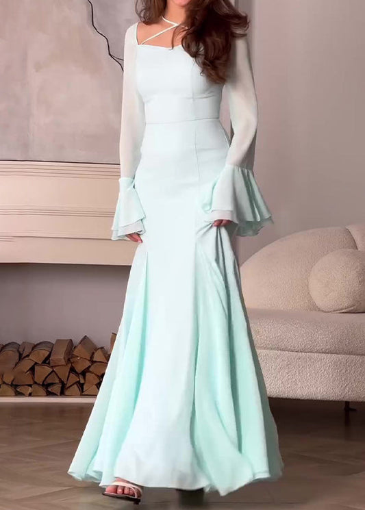 Italian Slim Fit Light Green Chiffon Long Dress Flare Sleeve