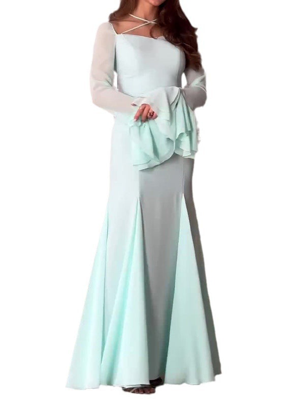 Italian Slim Fit Light Green Chiffon Long Dress Flare Sleeve