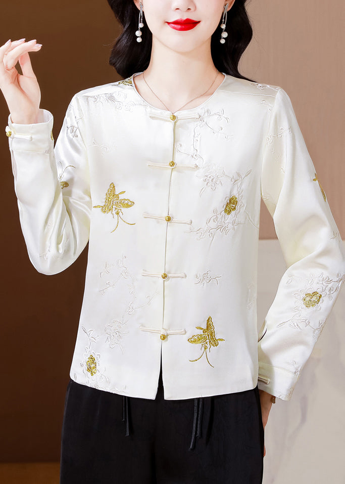 Italian White Embroidered Button Silk Coat Fall