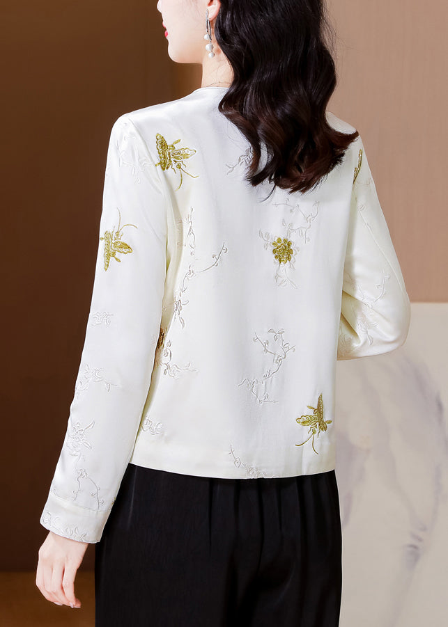 Italian White Embroidered Button Silk Coat Fall