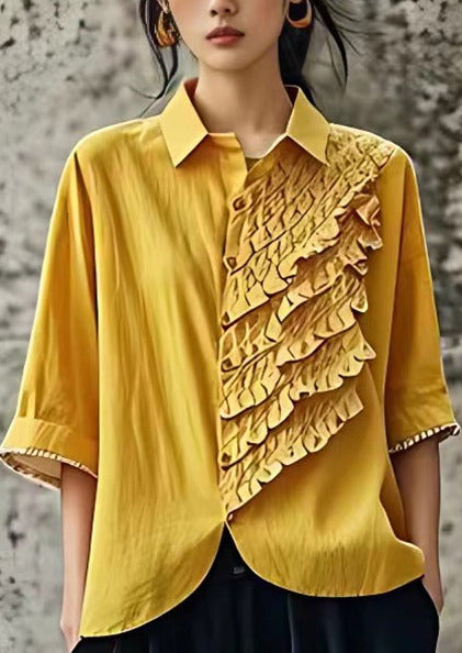 Italian Yellow Peter Pan Collar Ruffled Linen Shirt Half Sleeve