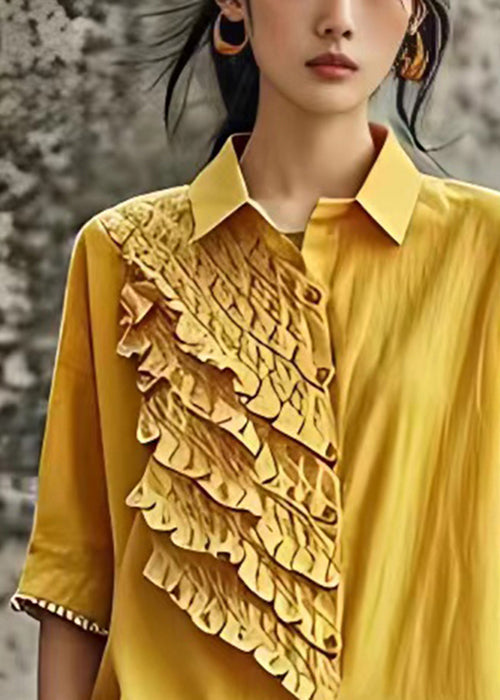 Italian Yellow Peter Pan Collar Ruffled Linen Shirt Half Sleeve