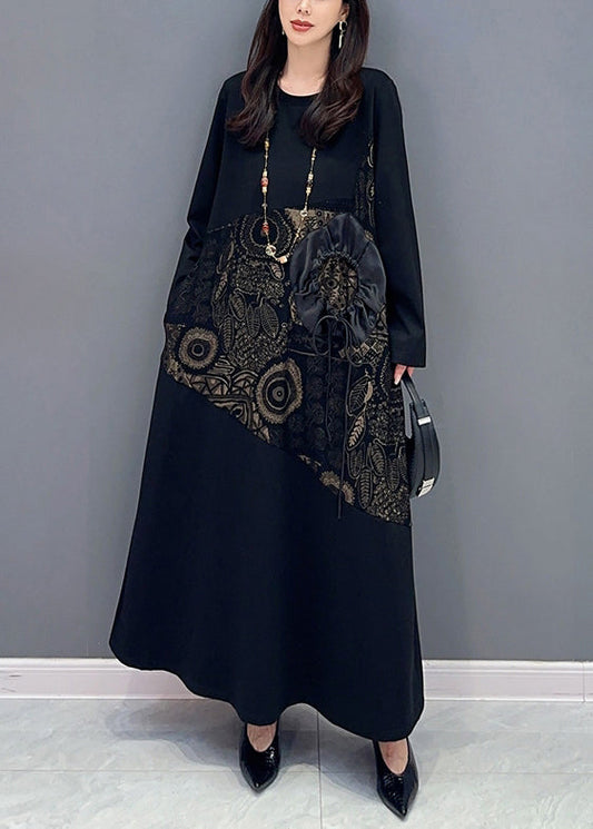 Jacquard Black Lace Up Pockets Cotton Long Dresses Long Sleeve