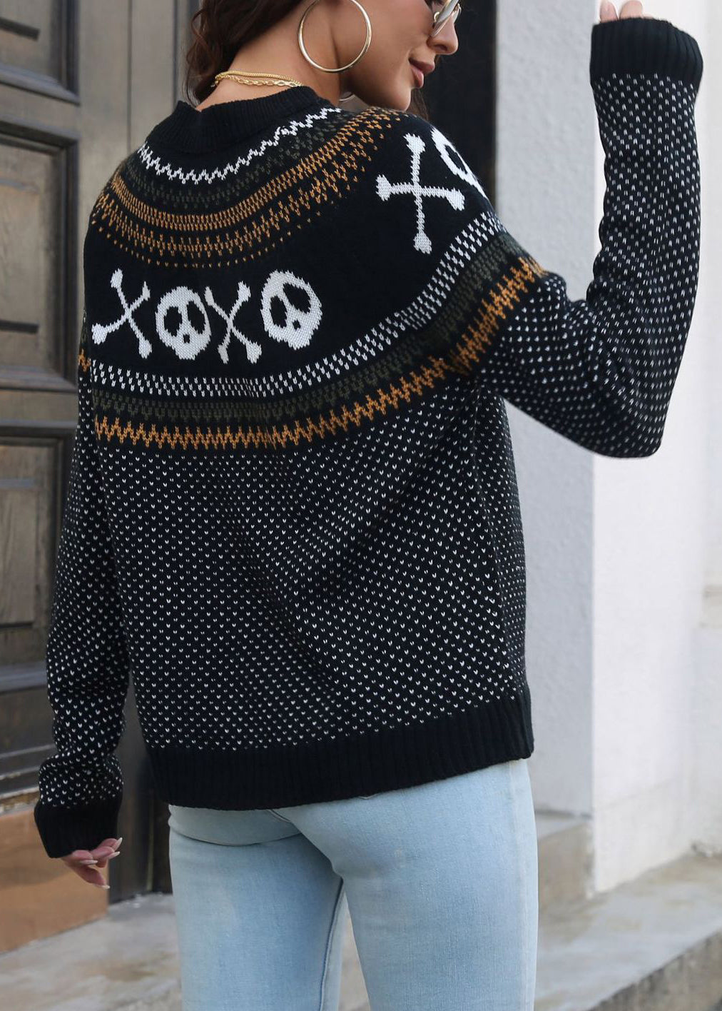 Jacquard Black O Neck Patchwork Knit Sweaters Long Sleeve