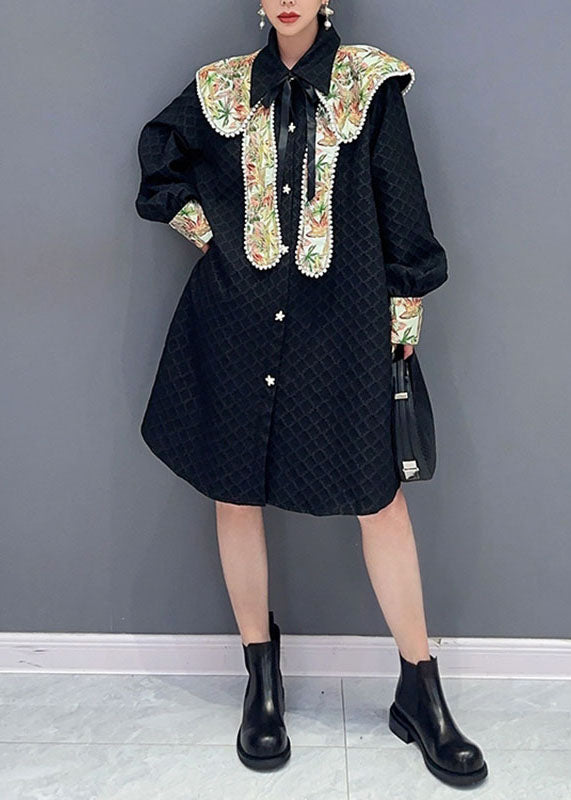 Jacquard Black Peter Pan Collar Patchwork Button Maxi Dress Long Sleeve