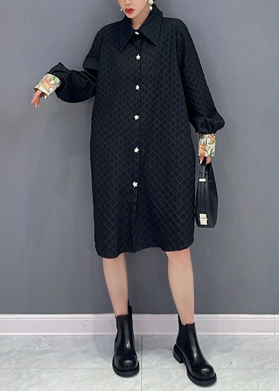 Jacquard Black Peter Pan Collar Patchwork Button Maxi Dress Long Sleeve