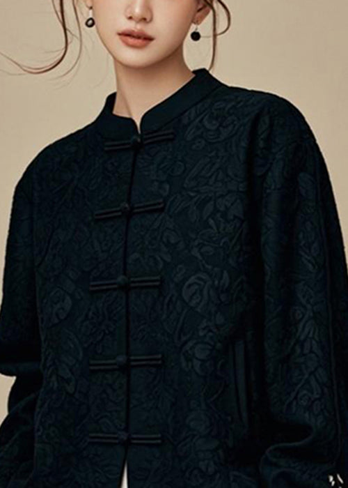 Jacquard Black Stand Collar Solid Cotton Coats Fall