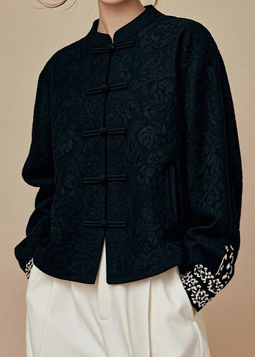 Jacquard Black Stand Collar Solid Cotton Coats Fall