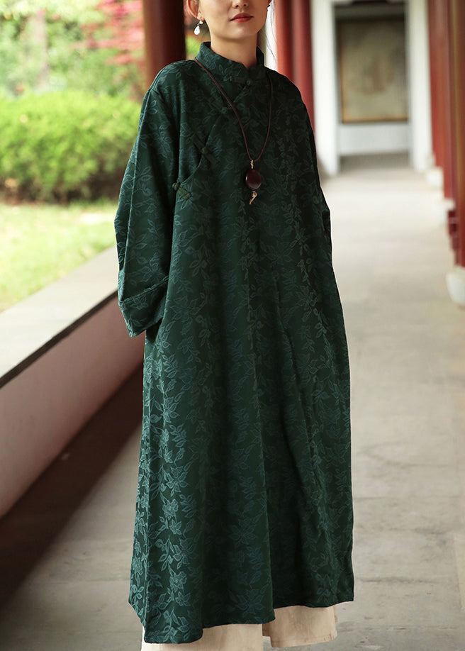 Jacquard Blackish Green Stand Collar Pockets Cotton Long Dresses Fall