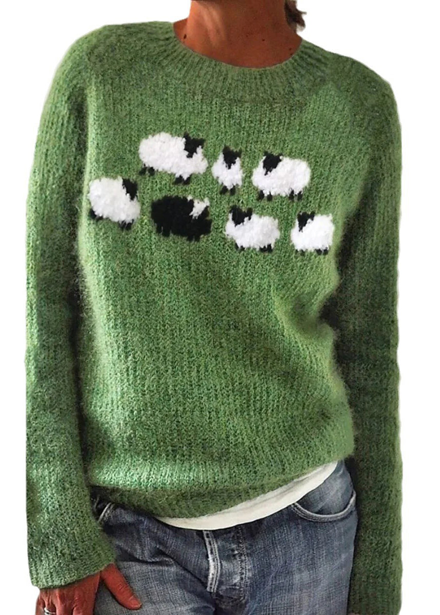 Jacquard Green O-Neck Cozy Knit Sweaters Fall