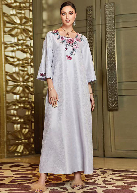 Jacquard Grey O-Neck Embroidered Silk Maxi Dresses Fall