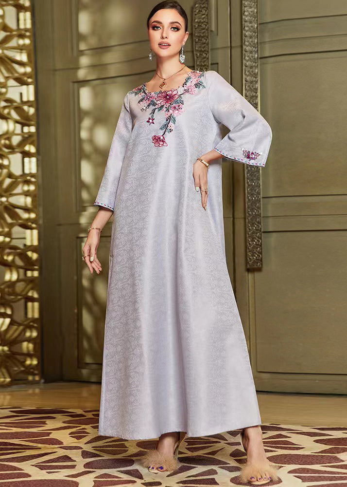 Jacquard Grey O-Neck Embroidered Silk Maxi Dresses Fall