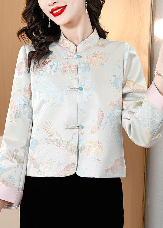 Jacquard Light Blue Stand Collar Button Silk Coats Fall