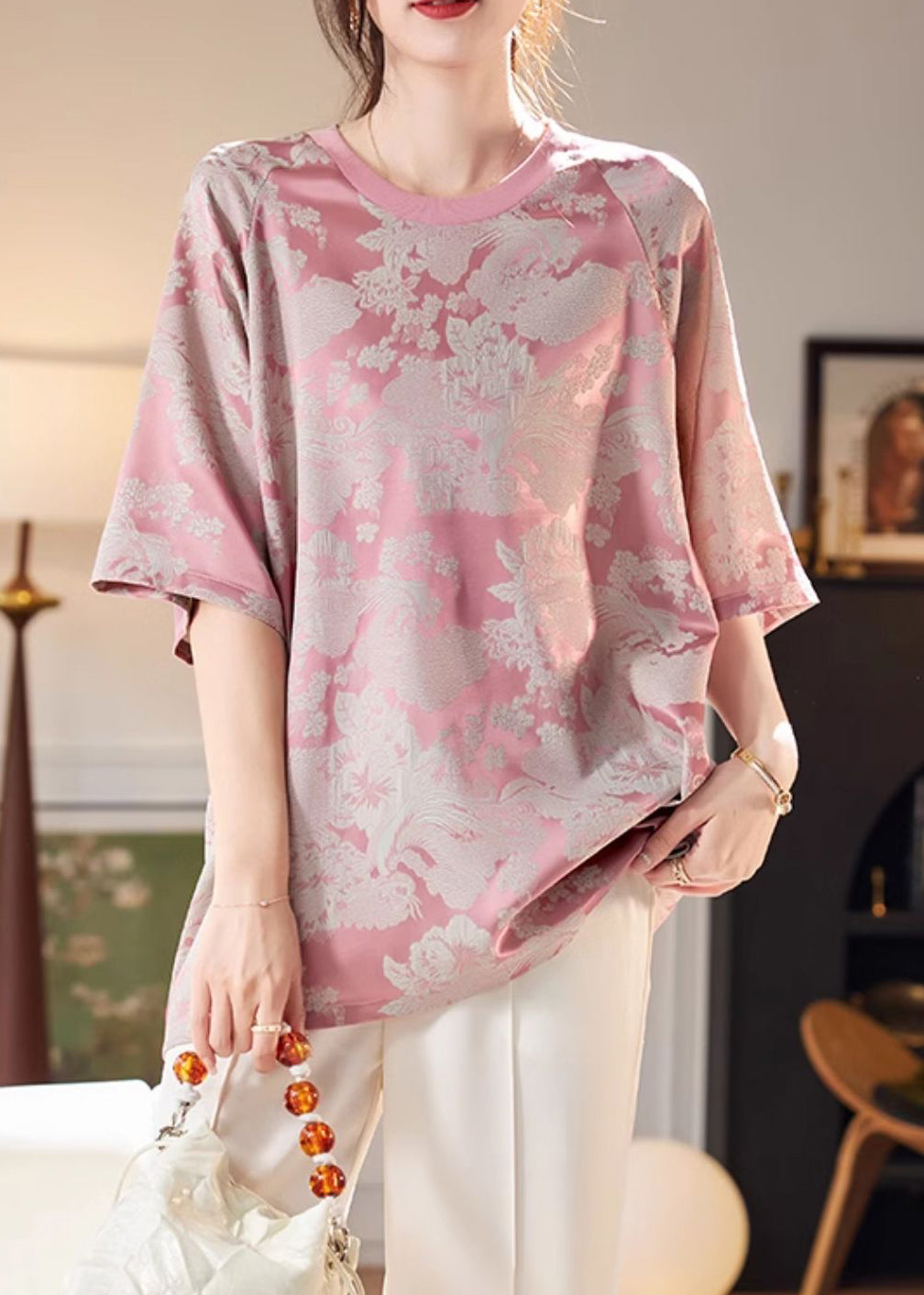 Jacquard Pink O-Neck Chiffon T Shirts Half Sleeve