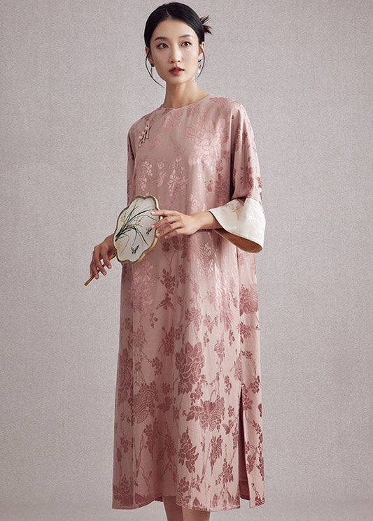 Jacquard Pink O-Neck Pockets Button Long Dresses Long Sleeve