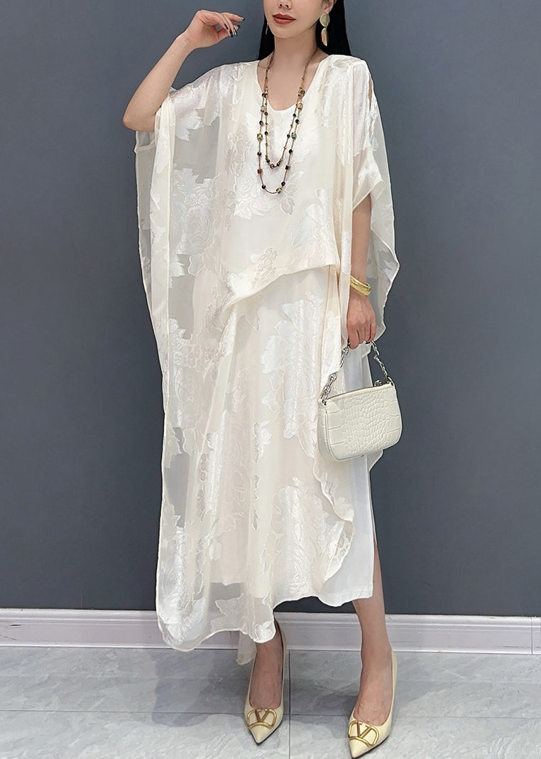 Jacquard White O-Neck Silk Long Dress Summer