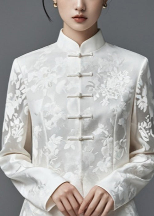 Jacquard White Stand Collar Button Thin Silk Cotton Coats Fall