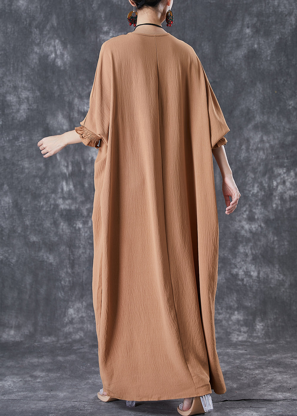 Khaki Cotton Holiday Dress Oversized Batwing Sleeve