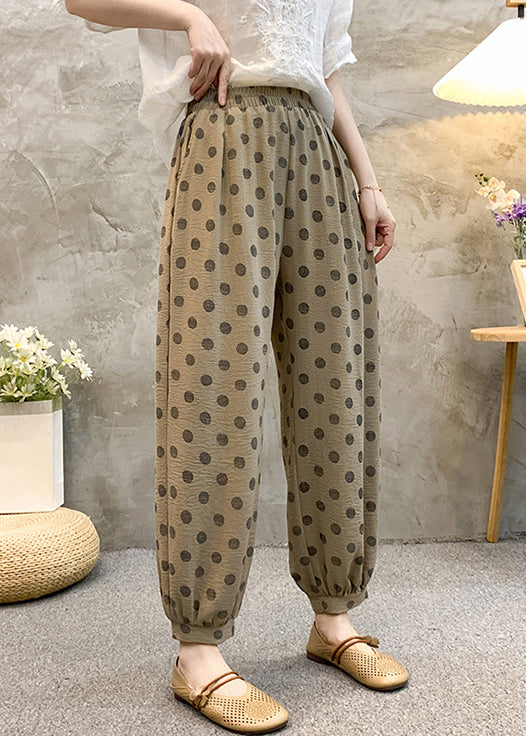 Khaki Dot Pockets Cotton Crop Pants Elastic Waist Summer