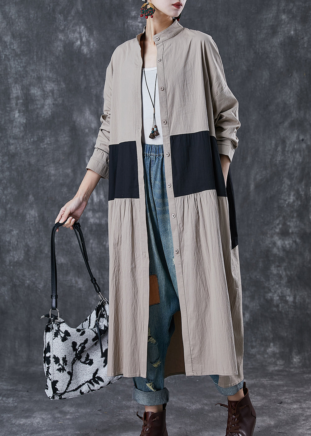 Khaki Patchwork Cotton Trench Coats Stand Collar Spring